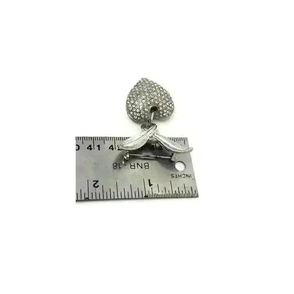 Vintage silver PUFFY HEART Charm Rhinestone Brooch Bow Signed CORO Pierced